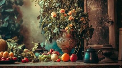 Still life of fruits and pottery in warm classic tone