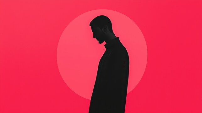 A striking silhouette of a person against a vibrant red circle background, conveying a sense of contemplation and introspection.