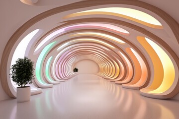 Obraz premium A modern, curved corridor features vibrant, softly glowing colors and minimalistic design, creating a serene and inviting atmosphere.