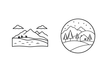 Minimalist Landscape Vector Illustrations With Mountains,Trees And A Cabin At Night