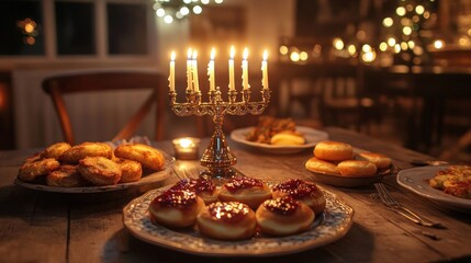 Obraz premium Festive Hanukkah dinner, menorah, sufganiyot, candles, rustic table, warm lighting, celebration