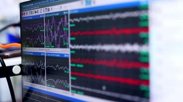 White and red waves on the monitor of computer equipment. Close up. Neurosurgery in modern hospital.