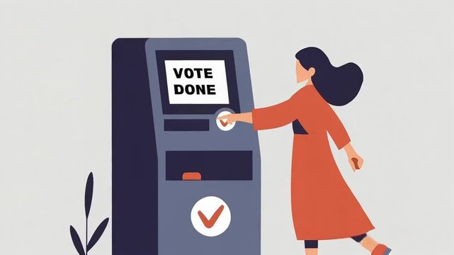 Illustration of Woman Voting at a Voting Machine Showing Complete