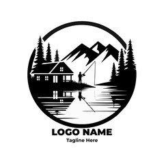Outdoor Adventure Fishing Lodge Logo Featuring Lake Cabin Retreat Badge Fish Silhouette Wilderness Emblem Angler Club Branding Vintage Fishing Travel and Nature Resort Promotional Desig