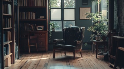 Fototapeta premium Classic reading room with vintage furniture and library