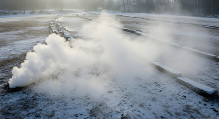 Mystical Winter Landscape With Ground Steam Rising Amidst Snowy Surroundings