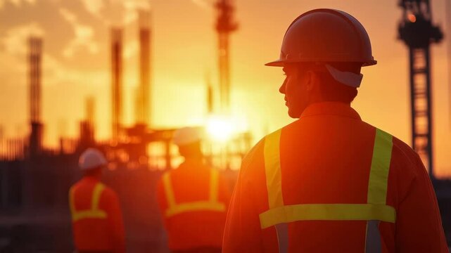 Workers in safety gear observing a stunning sunset over an industrial site, showcasing safety and teamwork in a sunset setting.