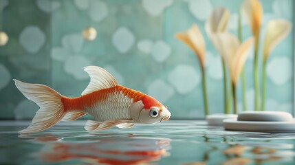 Goldfish swimming among white flowers and marbles