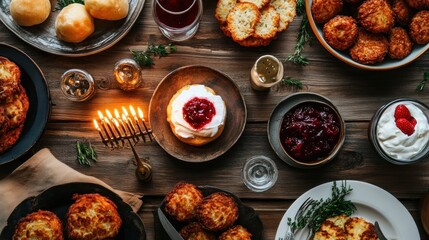 Festive Hanukkah dinner table with latkes, candles, and wine