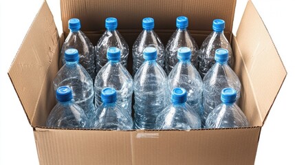 Cardboard box filled with plastic water bottles
