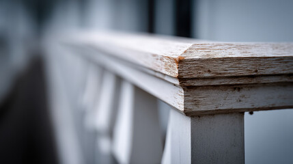 Obraz premium close up view of weathered porch railing, showcasing its distressed wood texture and soft focus background, evokes sense