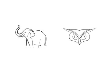 Simple Line Art Featuring Elephant And Owl Icons Isolated On White Background