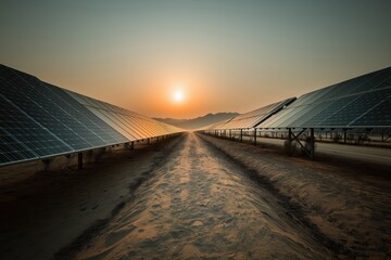 Obraz premium Solar Panels Reflecting Sunrise Across a Vast and Arid Desert Expanse