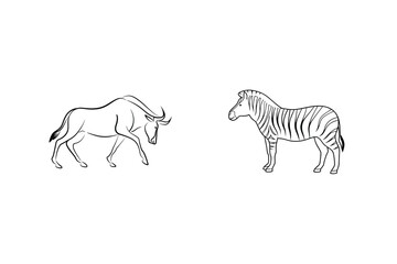 Simple Line Art Illustration Featuring A Wildebeest And Zebra On White