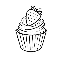 Hand-drawn cupcake with swirled frosting and a strawberry topping in playful sketch style on a white background