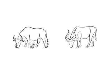 Line Art Illustration Of Grazing Wildebeest And Greater Kudu On White Background