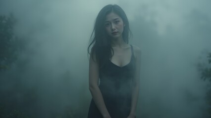 Fototapeta premium Mysterious Asian Woman in Fog: Moody Portrait, Dark Dress, Haunting Beauty, Ethereal Atmosphere