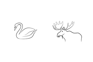 Minimalist Line Art Swan And Moose Illustration Isolated On White Background