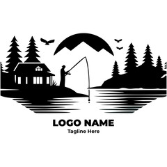 Outdoor Fishing Lodge Logo Illustration with Lake and Mountain Elements Perfect for Rustic Cabin Retreats and Fishing Adventure Clubs Featuring Vintage Angler Design and Nature Wilderness Art