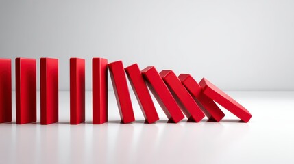 Tilted Red Dominoes Creating Cascading Effect on Smooth White Surface Symbolizing Balance and Motion