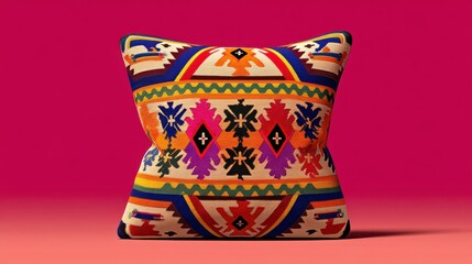 Vibrant Decorative Pillow with Intricate Patterns and Rich Colors Against a Bold Pink Background