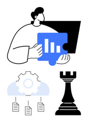 Person holding data analytics puzzle alongside a workflow diagram and chess rook. Ideal for strategy, planning, analytics, problem-solving, decision-making, teamwork, project management, flat simple