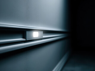 minimal close up of neoclassical panel with glowing light, creating serene atmosphere in dimly lit space