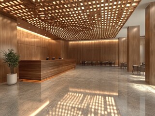 3D rendering of a luxury hotel lobby interior with wooden and metal decorations, a large hall for group events with tables and chairs in front of the reception desk. A modern design