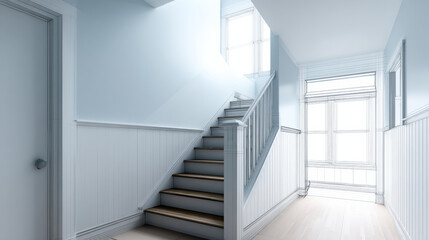Fototapeta premium bright and airy interior featuring staircase with wooden steps, light blue walls, and ample natural light. design is modern