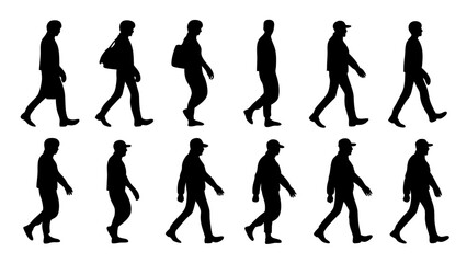set of people walking silhouette vector on white background