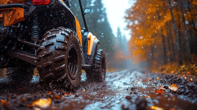 Mud-caked ATV on a rainy autumn trail