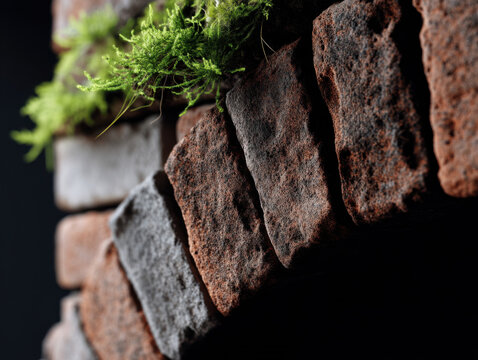 Richly patterned brick arc segment with moss texture, showcasing earthy tones and natural elements, evokes rustic charm