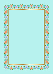 Floral rectangular golden frame. Festive design. Gold border with flowers. Frames vector