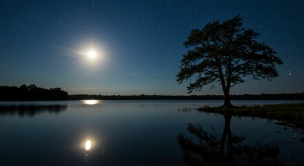 Moonlight on still lake with lone tree