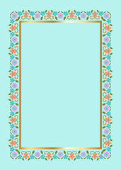 Floral rectangular golden frame. Festive design. Gold border with flowers. Frames vector