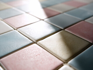 Fototapeta premium Glossy ceramic tiles in pastel colors create smooth corner, enhancing aesthetic of any space with their vibrant hues