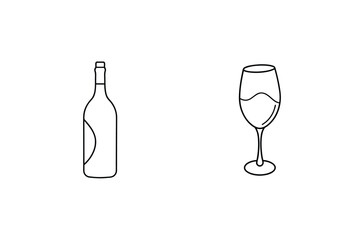 Wine Bottle And Glass Vector Icon Isolated On White Background Outline Style