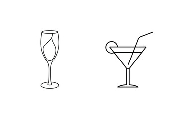 Minimalist Cocktail Glass And Champagne Flute Black Line Art Isolated