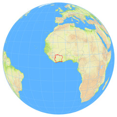 View of the earth from space showing the location of Ivory Coast
