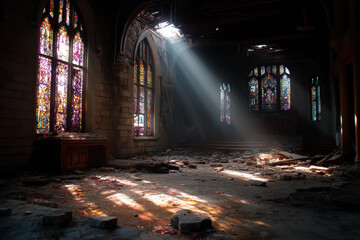 Fototapeta premium Sunlight streams through stained windows in an abandoned church, casting colorful patterns on the dusty floor and walls.