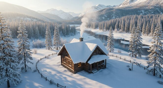Aerial view of a snow covered cabin with smoke rising in a winter landscape with mountain backdrop