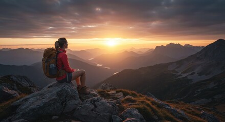 Fototapeta premium A woman with a backpack sits on a rock enjoying the sunset view over the mountain range landscape