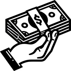 Black and white line art illustration of a hand holding a stack of dollar bills secured with a money band. Bold graphic style ideal for finance, payments, transactions, or business-themed designs.