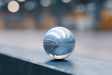 gleaming steel sphere with intricate textures reflects distorted light patterns resting on matte black surface