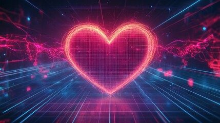 Glowing digital heart, futuristic landscape, energy trails, love concept