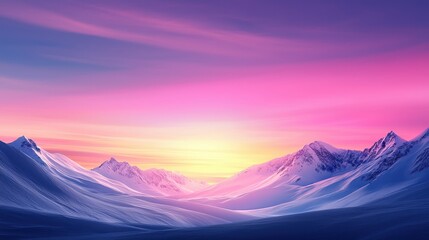Fototapeta premium A breathtaking winter landscape with majestic snow-covered mountains under a vibrant pink and purple sky at sunset.