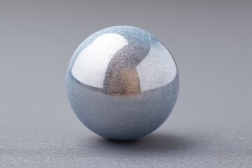 gleaming steel sphere with intricate textures reflects distorted light patterns resting on matte black surface