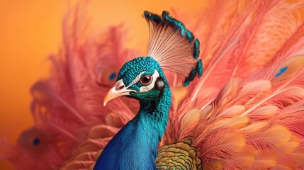 Fototapeta premium Vibrant peacock close-up with orange background