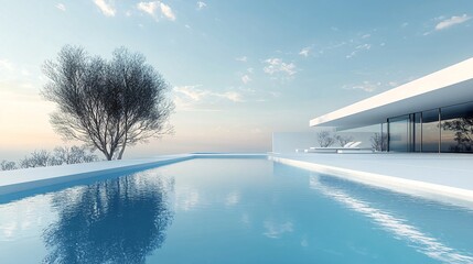 Modern villa pool, sunset view, tranquil landscape, architectural design, real estate