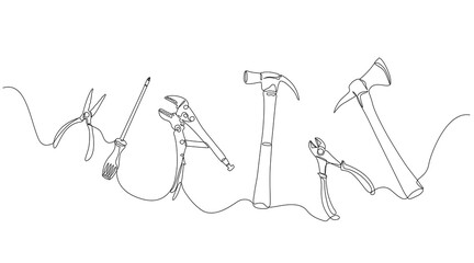 Continuous one line drawing of tools forming the word "WORK" in minimalist style, ideal for labor and construction themes. Vector illustration, Editable stroke